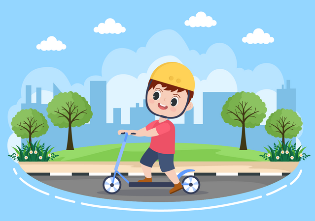 Niño pequeño montando scooter  Ilustración