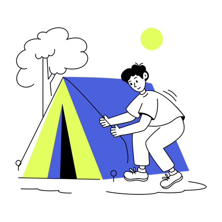 Niño montando tienda de campaña para acampar  Ilustración