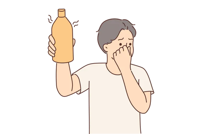 Niño mostrando una botella de bebida caducada  Ilustración