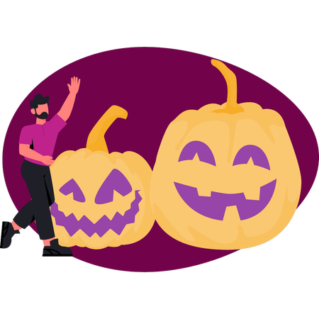 Niño mostrando calabaza de Halloween  Ilustración