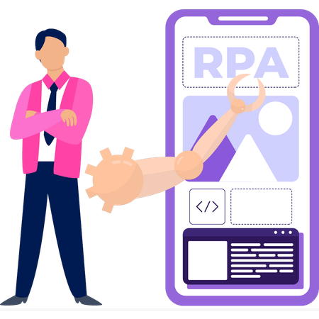 Niño mostrando la configuración de RPA  Ilustración