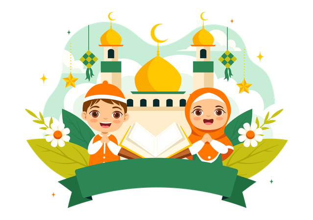 Niño musulmán celebrando el Eid al-Fitr  Ilustración