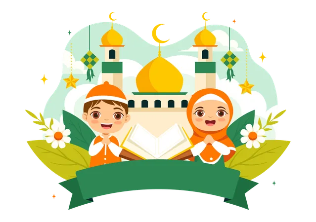 Niño musulmán celebrando el Eid al-Fitr  Ilustración