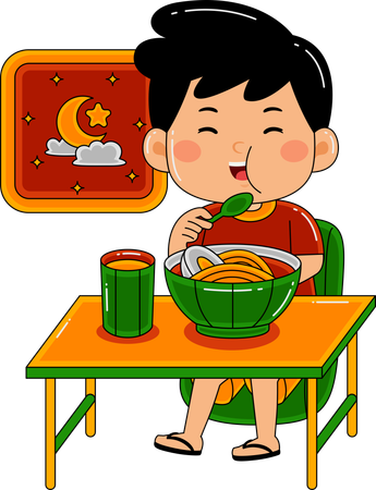 Niño musulmán comiendo en sahur  Ilustración