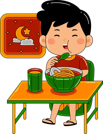 Niño musulmán comiendo en sahur  Ilustración