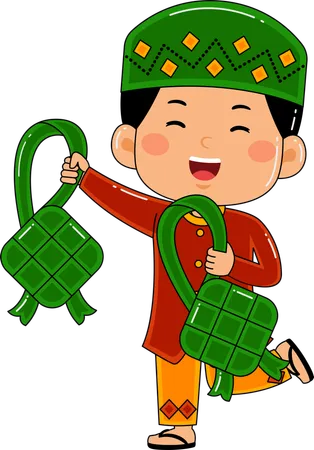 Niño musulmán con ketupat  Ilustración