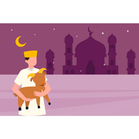 Niño musulmán sosteniendo una cabra en su mano  Ilustración