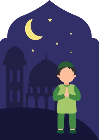 Niño musulmán de pie con pose de oración  Ilustración