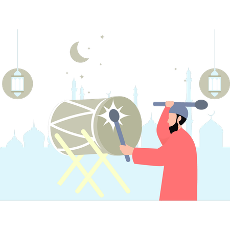 El niño musulmán está tocando un tambor  Ilustración