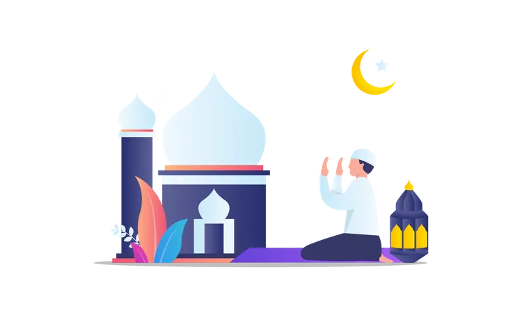 Niño musulmán haciendo la oración del Ramadán  Ilustración