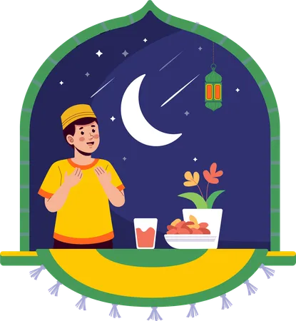 Niño musulmán haciendo oración iftar  Ilustración