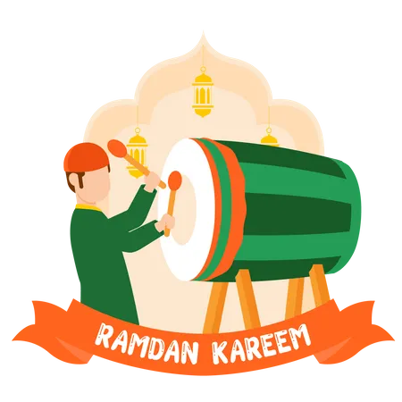 Niño musulmán tocando el tambor de Ramadán  Ilustración