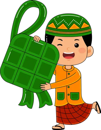 Niño musulmán trae ketupat  Ilustración