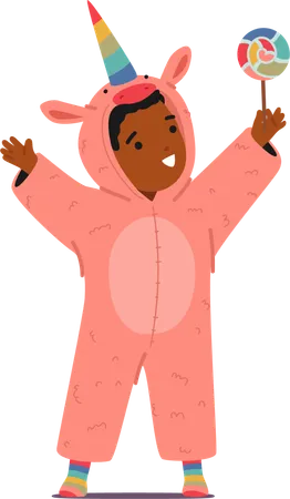 Niño negro viste alegremente un pijama Kigurumi con temática de unicornio y una paleta en la mano  Ilustración