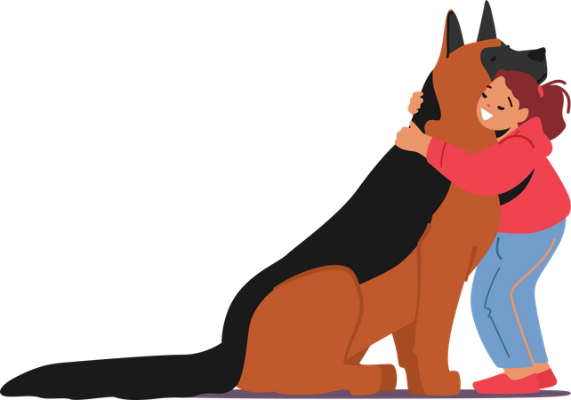 Niño, niña, abrazo, con, mascota  Ilustración