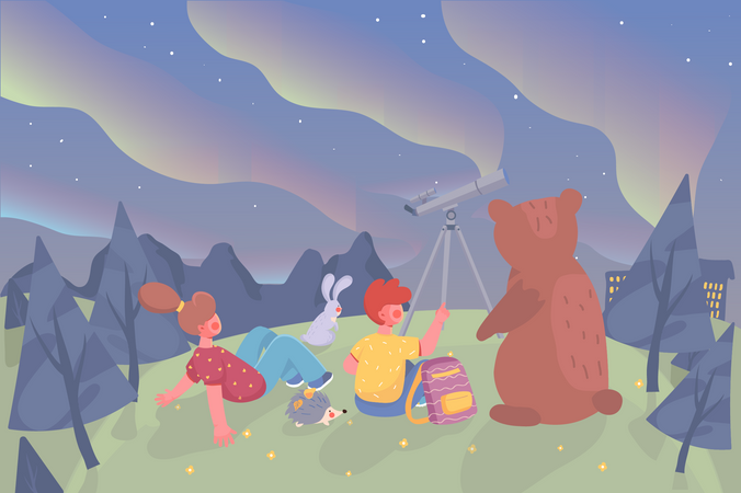 Niño, niña y animales lindos mirando el cielo con la aurora boreal sentados cerca del telescopio  Ilustración