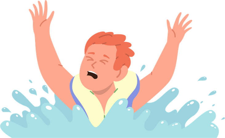 Niño pequeño con chaleco salvavidas llorando mientras se ahoga en el mar  Ilustración