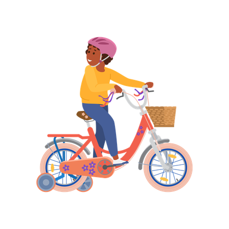 Niño montando bicicleta con ruedas adicionales  Ilustración