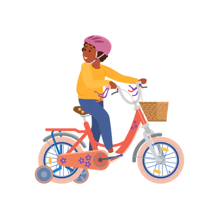 Niño montando bicicleta con ruedas adicionales  Ilustración