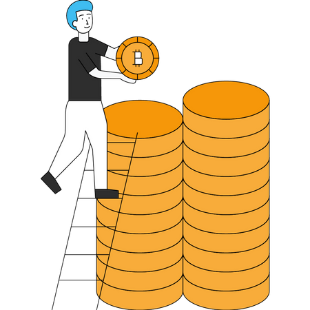 Niño obteniendo ganancias de la inversión en Bitcoin  Ilustración
