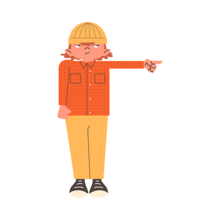 El niño ofendido extiende su mano hacia la derecha y señala con el dedo índice.  Ilustración