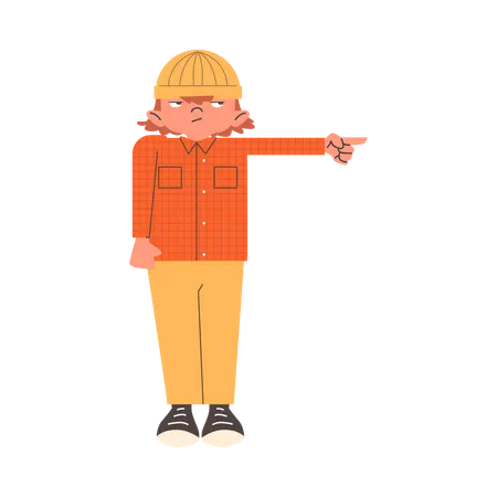 El niño ofendido extiende su mano hacia la derecha y señala con el dedo índice.  Ilustración