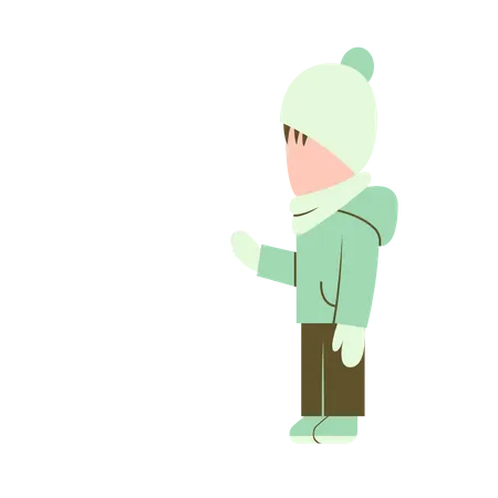 Niño pequeño parado cerca del muñeco de nieve  Ilustración