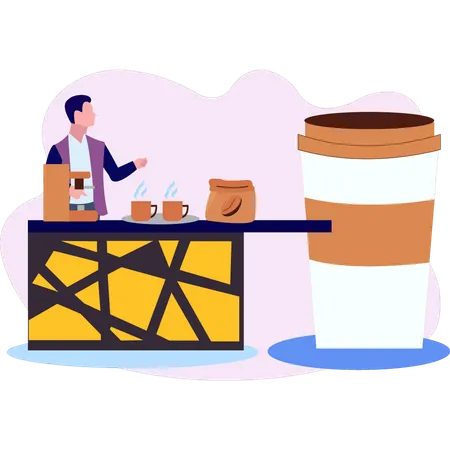 Niño de pie en el mostrador de café  Ilustración