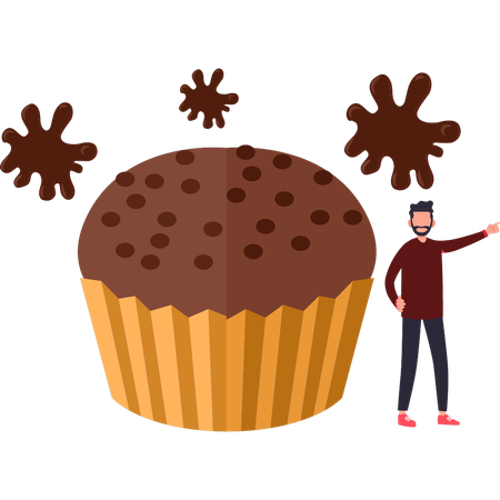 El niño está al lado del muffin de chocolate.  Ilustración
