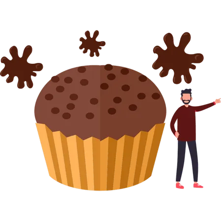 El niño está al lado del muffin de chocolate.  Ilustración