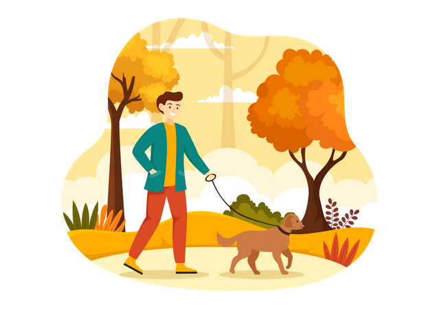 Niño paseando con perro en Autumn Park  Ilustración