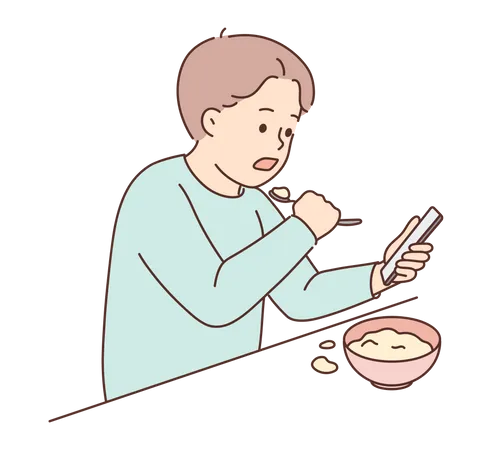 Niño pequeño comiendo comida usando el móvil  Ilustración