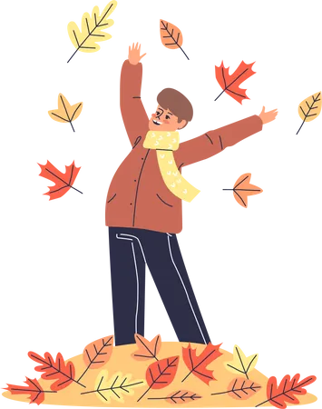 Niño pequeño jugando con hojas amarillas de otoño  Ilustración