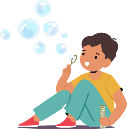 Niño Niño Juguetonamente Sopla Burbujas De Jabón Delicadas  Ilustración