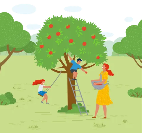 Niño pequeño recogiendo fruta del árbol  Ilustración