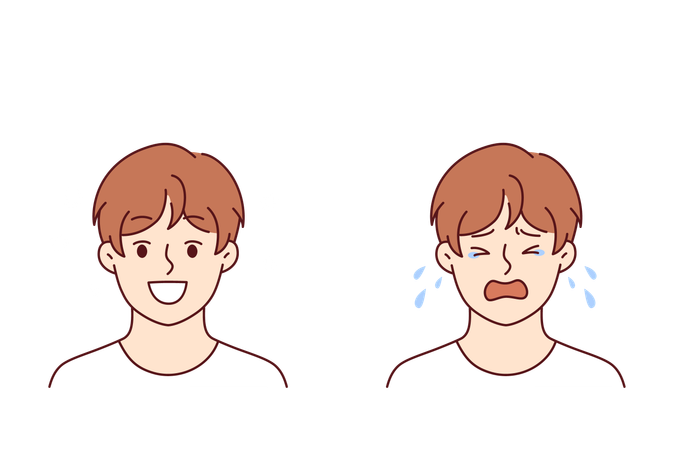 Niño sonríe y comienza a llorar por cansancio o problemas de socialización  Ilustración