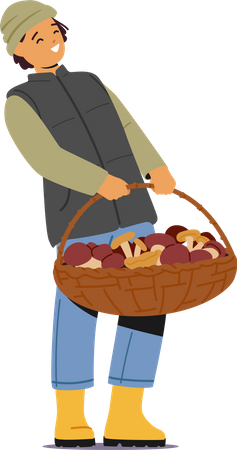 Niño pequeño sosteniendo una cesta de setas  Ilustración