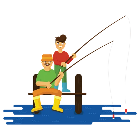 Niño pescando con padre  Ilustración