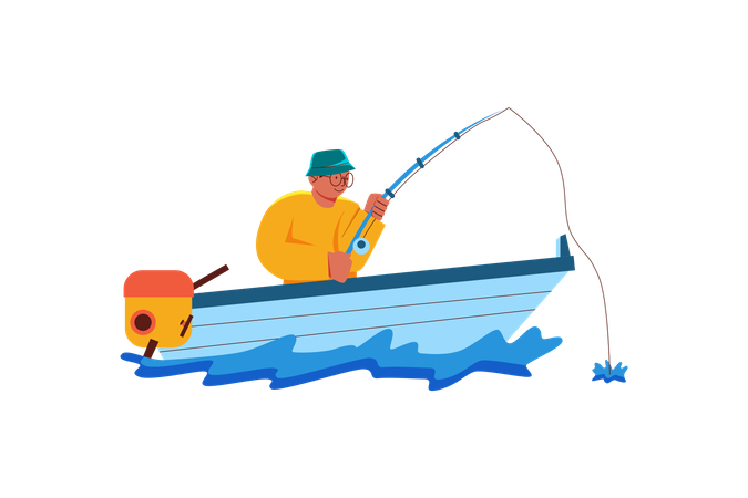 Niño pescando desde un barco  Ilustración