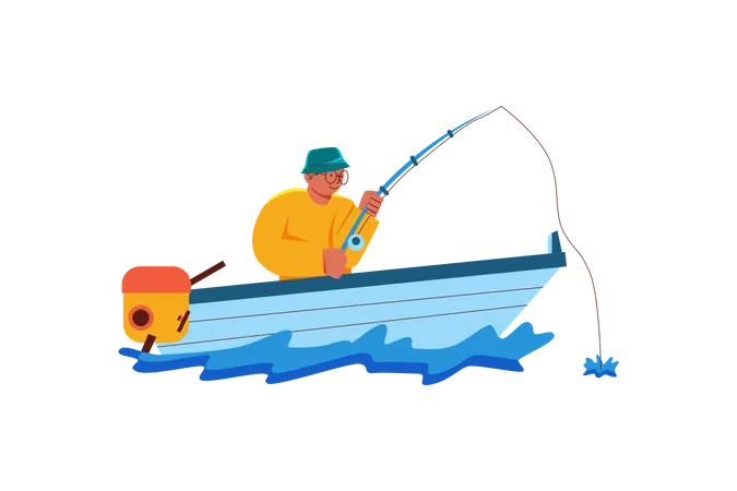 Niño pescando desde un barco  Ilustración