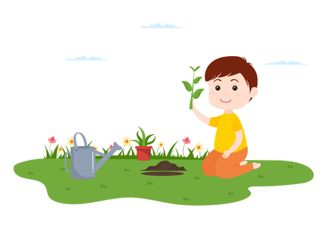 Niño plantando arbol  Ilustración