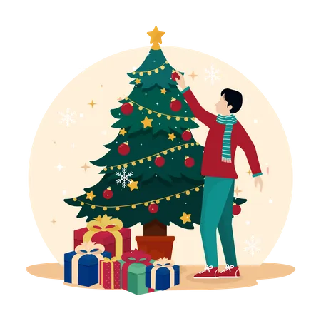 Niño poniendo decoración del árbol de Navidad  Ilustración