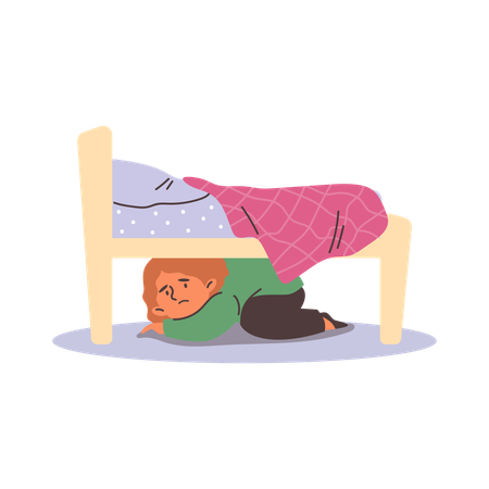 Niño preocupado y asustado escondido debajo de la cama  Ilustración
