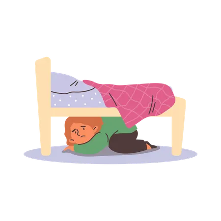Niño preocupado y asustado escondido debajo de la cama  Ilustración