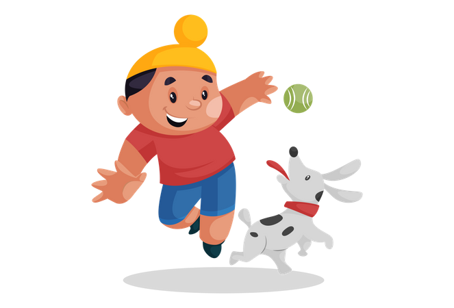 Niño punjabí jugando a la pelota con su perro  Ilustración