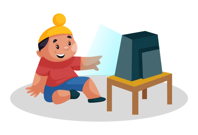 Niño punjabi sentado en el suelo y mirando televisión  Ilustración