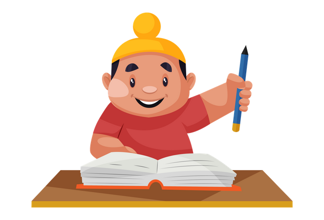 Niño punjabi sosteniendo un lápiz en la mano y estudiando un libro  Ilustración