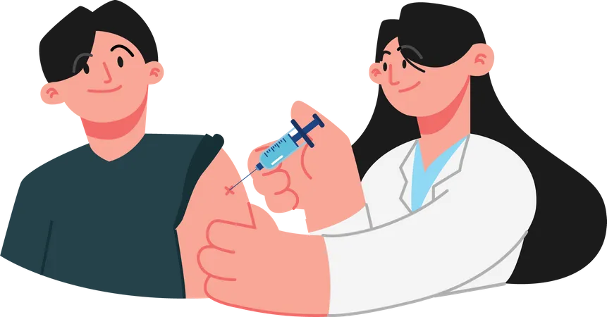 Un niño recibe una inyección de vacuna del médico  Ilustración