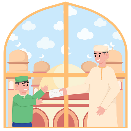 Niño recibiendo dinero de su padre en Ramadán  Ilustración