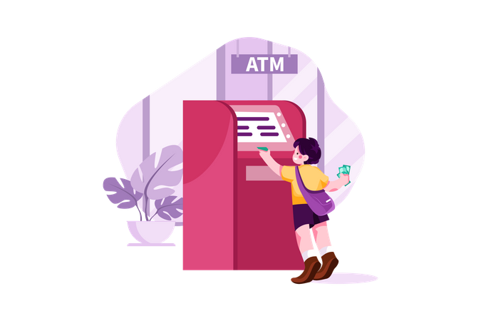 Niño sacando dinero del cajero automático  Ilustración